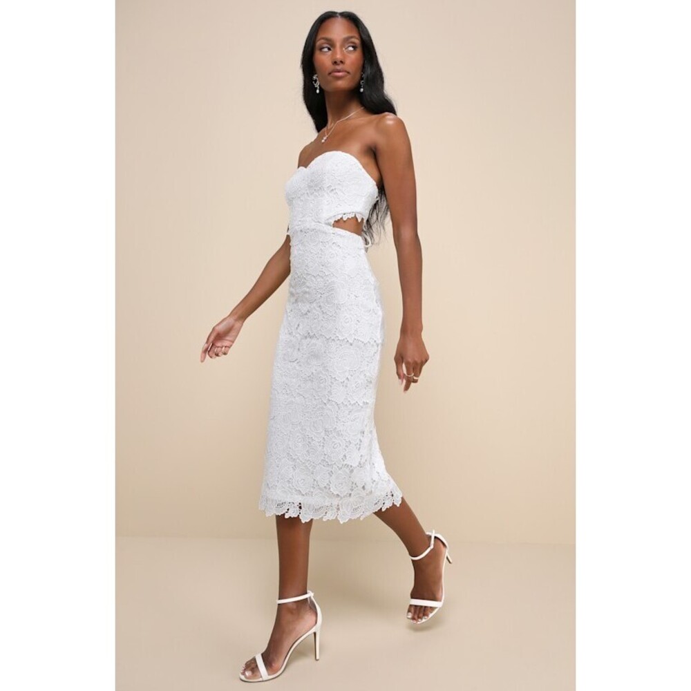 Lulus Impressive Elegance White Crochet Lace Strapless Midi Dress - Size L